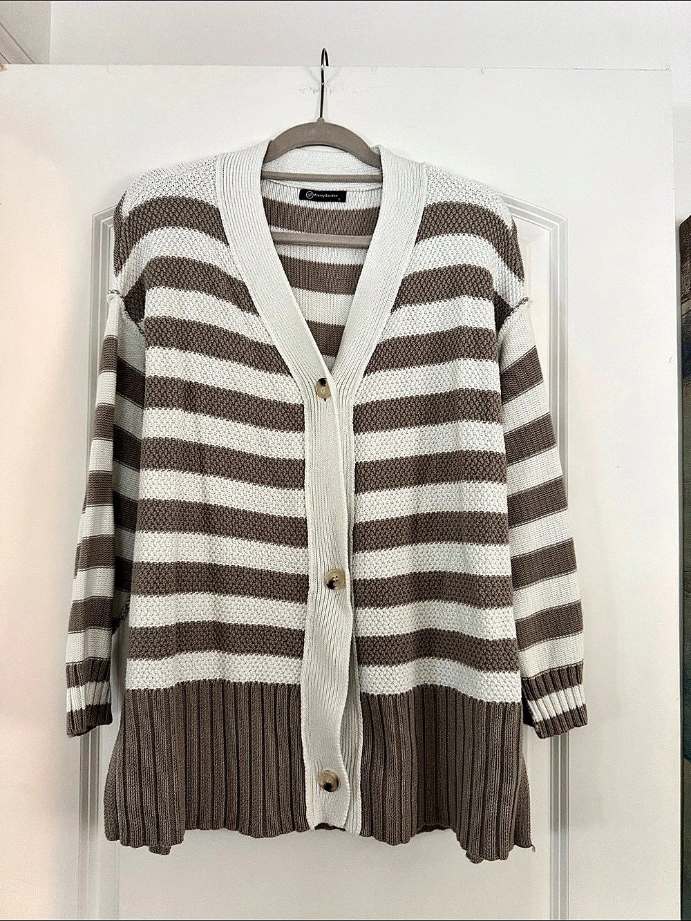 PrettyGarden Striped V-Neck Button-Down Knit Cardigan Brown & White Small